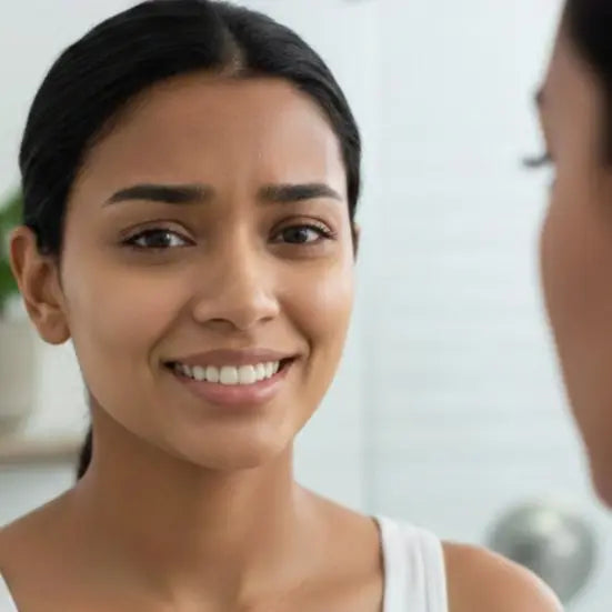 After Zovira — same woman smiling confidently in bathroom mirror with clear glowing skin