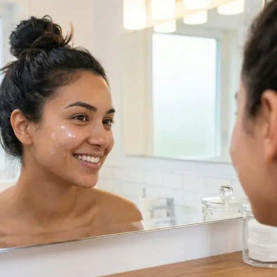After Zovira — confident smiling woman with hydrocolloid pimple patches on clear glowing skin looking in bathroom mirror — clear skin zero stress