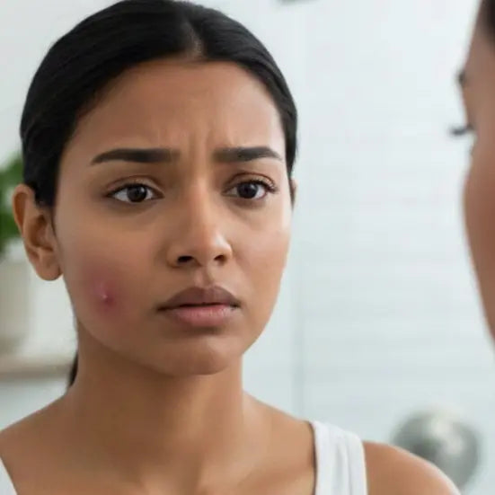Before Zovira — woman with acne blemish on cheek looking concerned in bathroom mirror