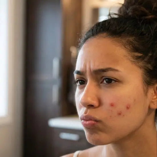Before Zovira — frustrated woman with visible acne breakout and blemishes on cheek — pimple patches target and absorb impurities overnight