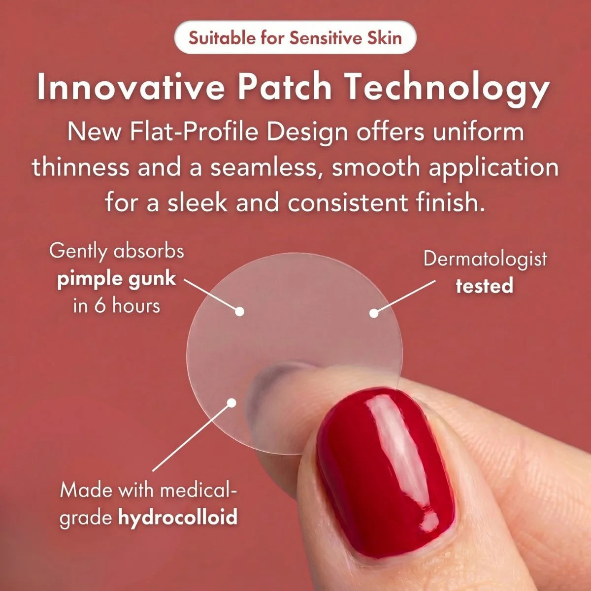 Zovira innovative flat-profile hydrocolloid patch technology infographic - absorbs pimple gunk in 6 hours, dermatologist tested, suitable for sensitive skin