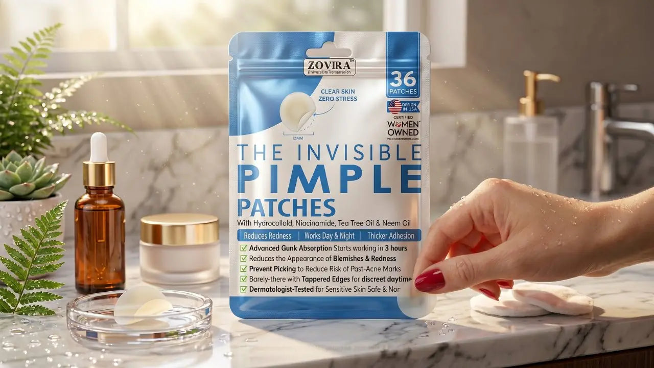 Zovira Invisible Acne Patch package open on linen surface with single transparent patch being peeled, surrounded by nighttime skincare essentials — simple three step peel 
stick and transform nightly skincare routine