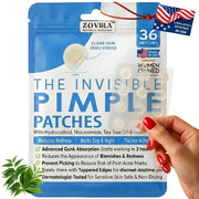 Zovira Invisible Pimple Patches packaging with a hand holding a patch, on a white background.