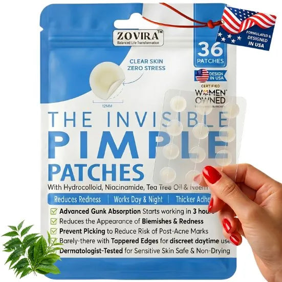 Zovira Invisible Pimple Patches packaging with a hand holding a patch, on a white background.