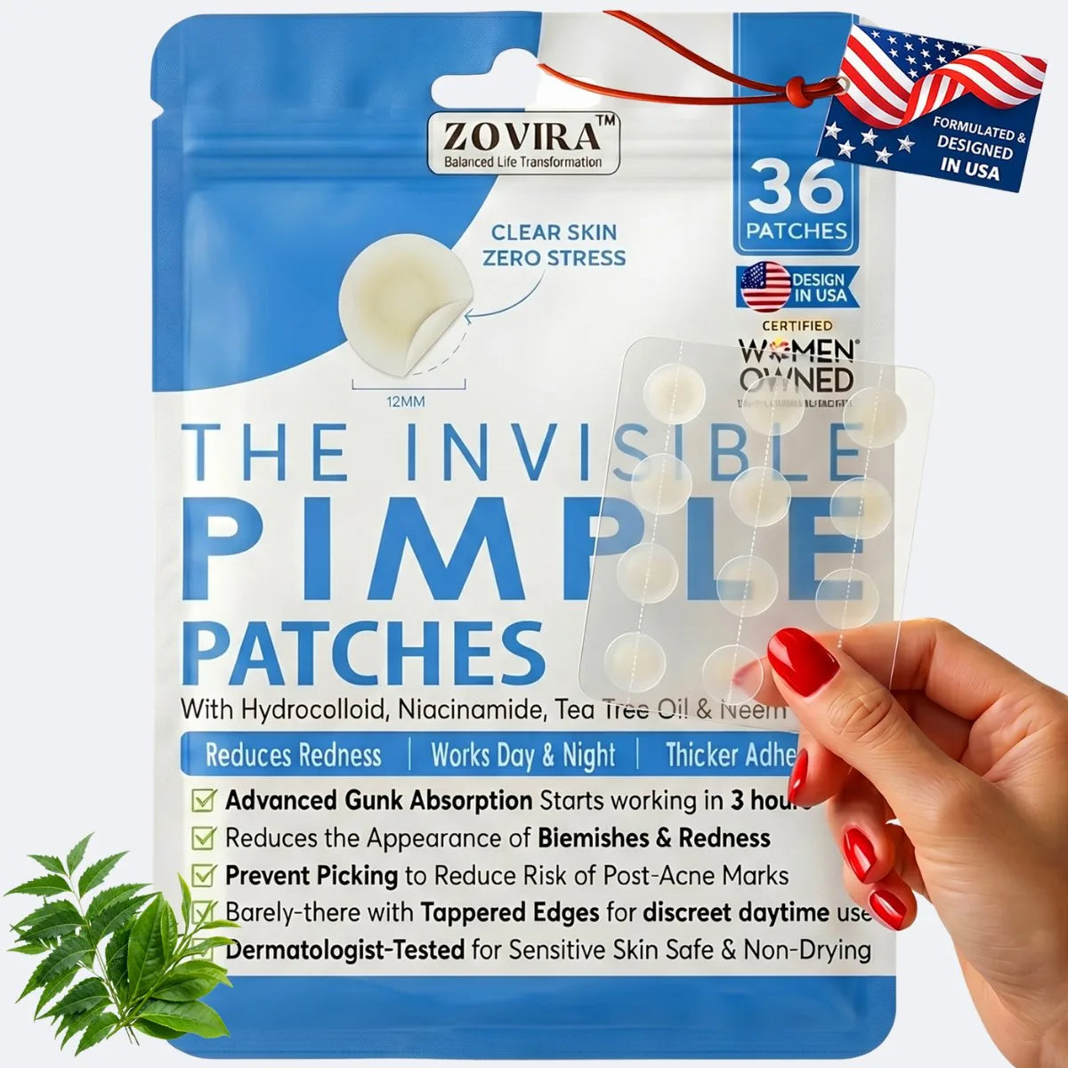 Zovira Invisible Pimple Patches packaging with a hand holding a patch, featuring text about product benefits.