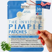Zovira Invisible Pimple Patches packaging with a hand holding a patch, featuring text about product benefits.