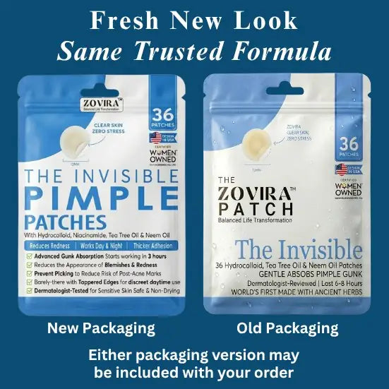 Zovira Invisible Pimple Patch packaging with text about new and old packaging versions.