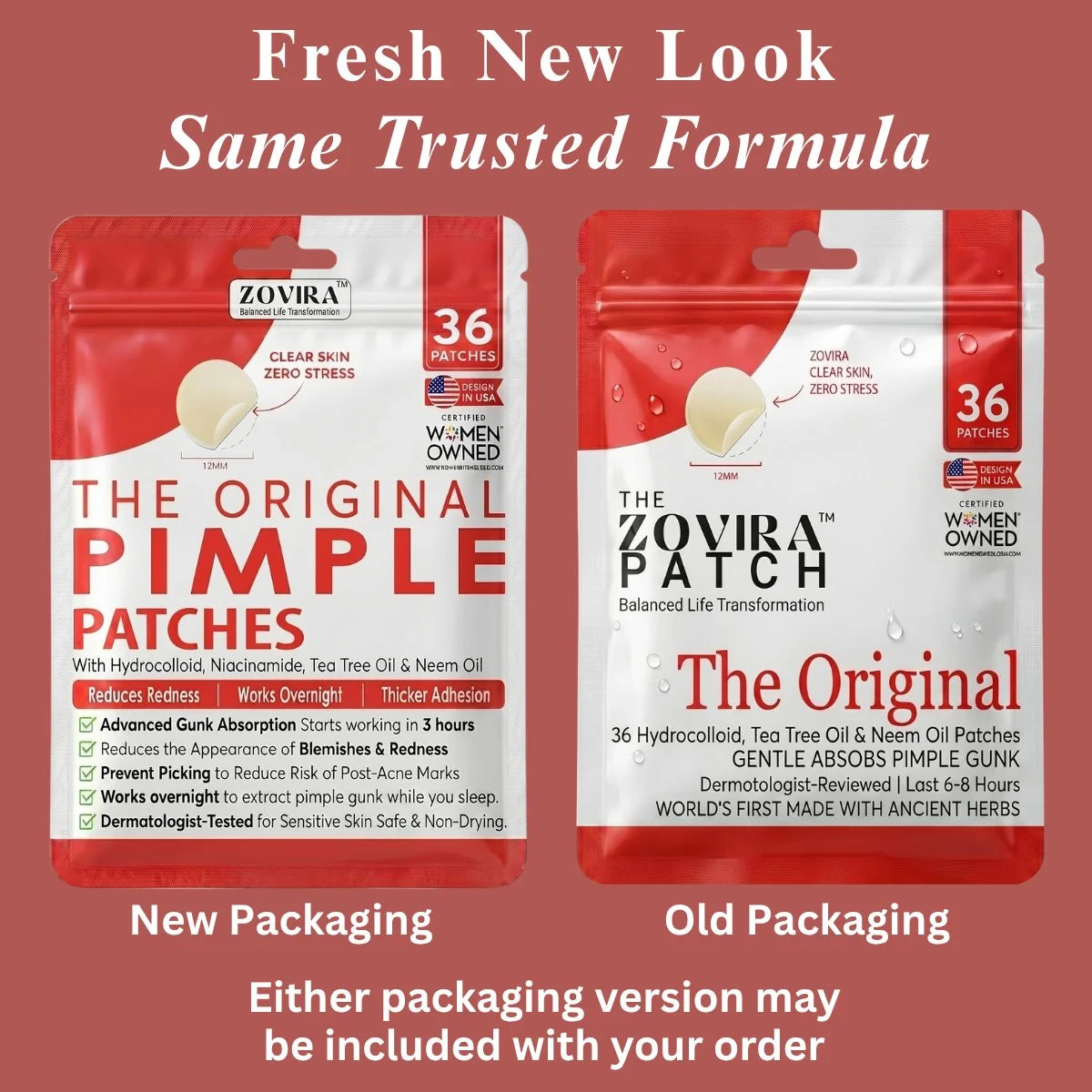 Comparison of Zovira new packaging versus old packaging - Fresh New Look Same Trusted Formula, either version may be included with order