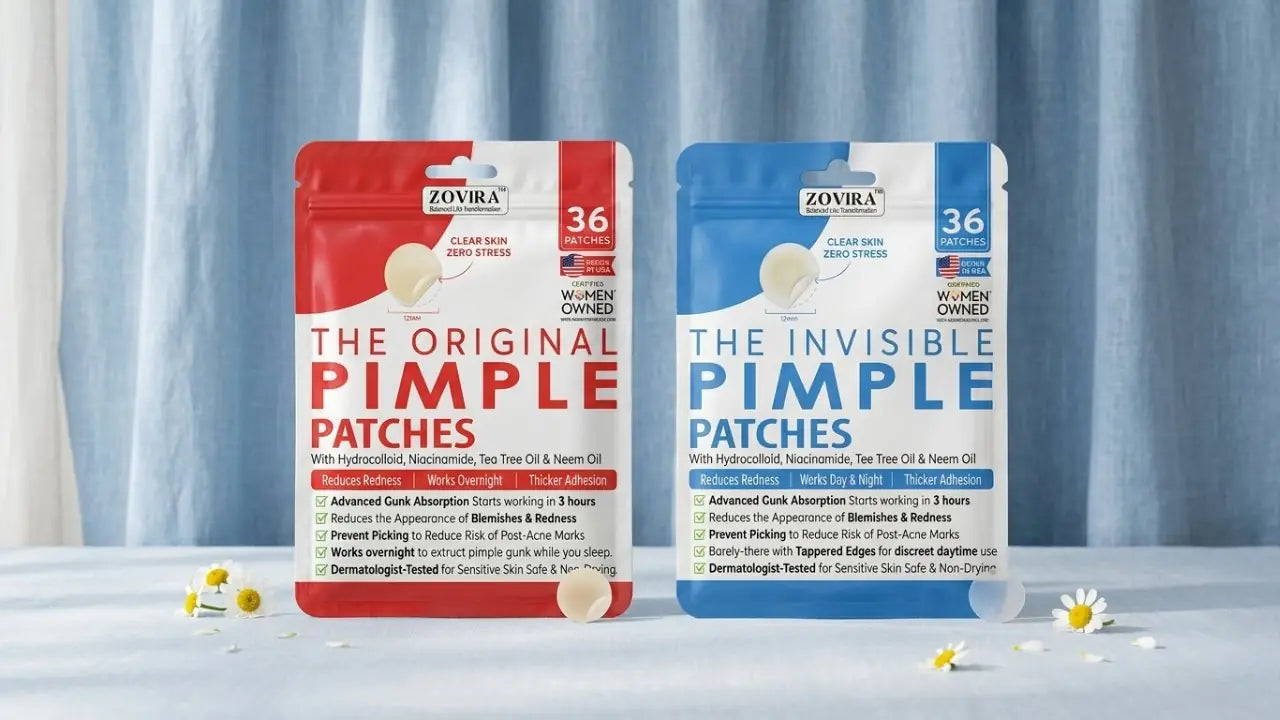 Zovira Acne Bundle featuring Original Beige Patch and Invisible Clear Patch packages side by side on white background — two overnight Hydrocolloid blemish patch options in one complete acne care bundle