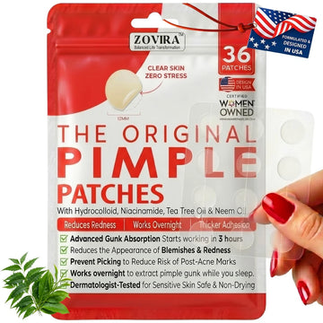 Zovira Original Pimple Patches red bag showing 36 patches with hydrocolloid niacinamide tea tree neem oil - Women Owned Designed in USA