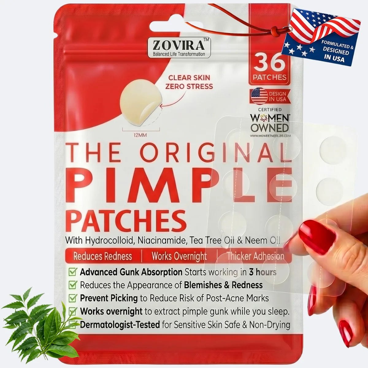 Zovira pimple patches packaging with a hand holding a patch and plant leaves.