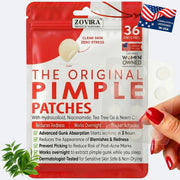 Zovira pimple patches packaging with a hand holding a patch and plant leaves.