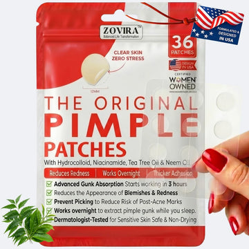 Zovira pimple patches packaging with a hand holding a patch and plant leaves.