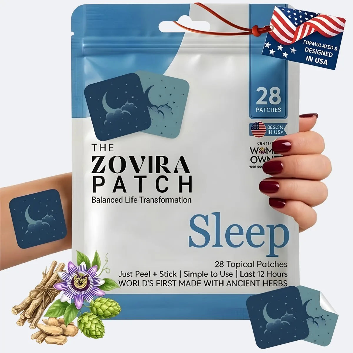Zovira Patch packaging with a hand holding it, featuring herbs and a USA flag label.