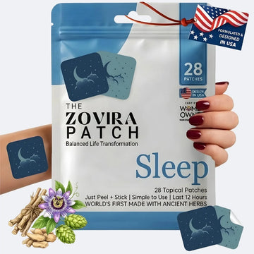 Zovira Patch packaging with a hand holding it, featuring herbs and a USA flag label.