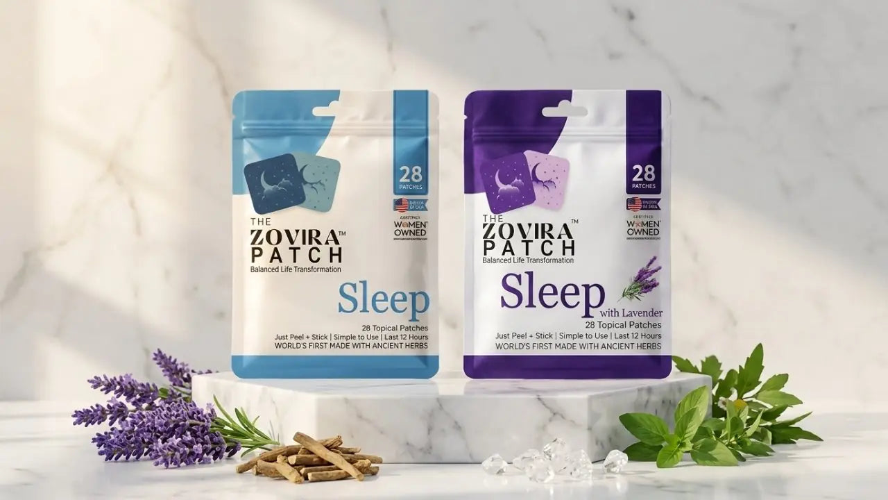Zovira Original Blue Sleep Patch and Purple Lavender Sleep Patch packages on white marble pedestals surrounded by fresh lavender and natural herbs — ancient botanical formula dermatologist-reviewed wellness patches