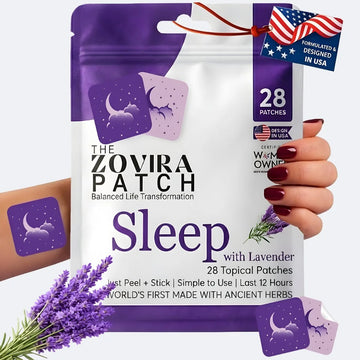 Zovira Patch Sleep with Lavender packaging held by a hand, with lavender flowers around.