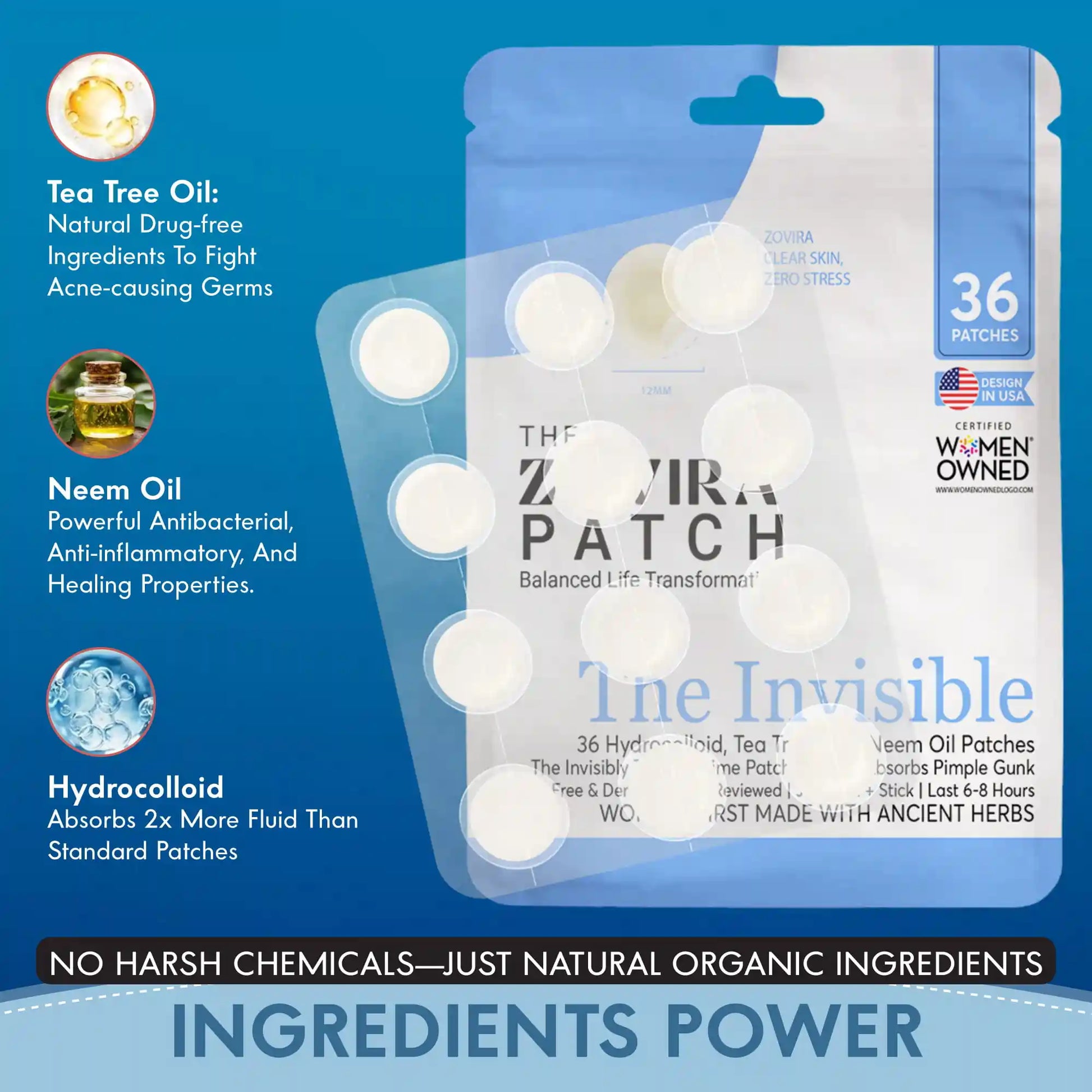 Zovira The Invisible pimple patch ingredients — tea tree oil, neem oil, and hydrocolloid that absorbs 2x more fluid with no harsh chemicals

