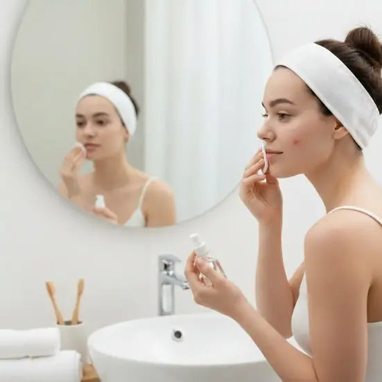 Woman with headband cleansing her face in bathroom mirror before applying Zovira pimple patch — step 1 cleanse and dry affected area thoroughly
