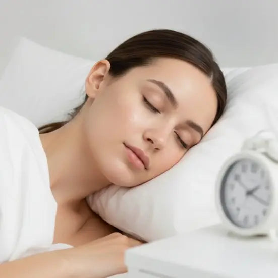 Woman sleeping peacefully with Zovira pimple patch on face next to alarm clock — step 3 leave on for at least 6 to 8 hours best used overnight