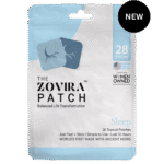 Zovira Sleep Patch packaging, featuring sleep aid topical patches with ancient herbs, 28-pack, women-owned brand.