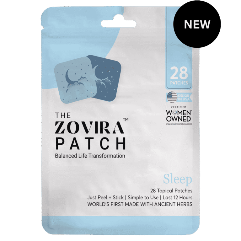Zovira Sleep Patch packaging, featuring sleep aid topical patches with ancient herbs, 28-pack, women-owned brand.