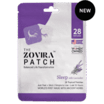 Zovira Sleep Patch packaging, featuring 28 sleep-enhancing lavender patches, designed in USA, woman-owned brand.