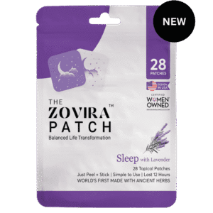 Zovira Sleep Patch packaging, featuring 28 sleep-enhancing lavender patches, designed in USA, woman-owned brand.