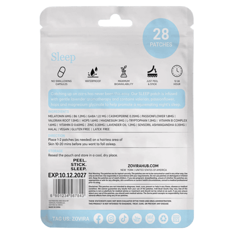 Packaging of sleep patches showing ingredients and usage instructions for promoting a restful night's sleep.