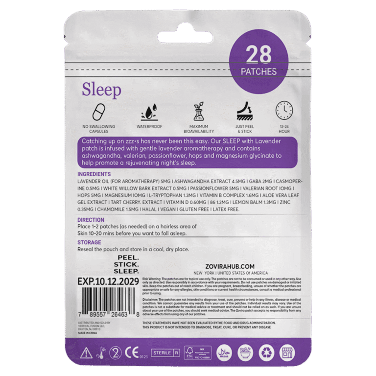 Packaging of sleep patches with lavender, ashwagandha, and valerian for relaxation; waterproof and easy to use.