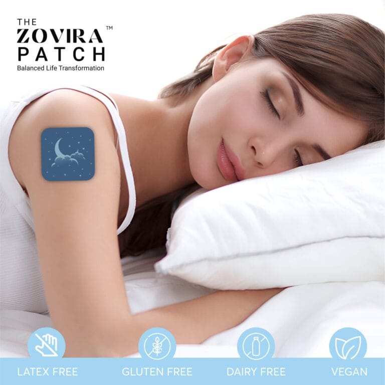 Woman sleeping peacefully wearing a Zovira Patch, featuring benefits like latex-free, gluten-free, dairy-free, vegan.