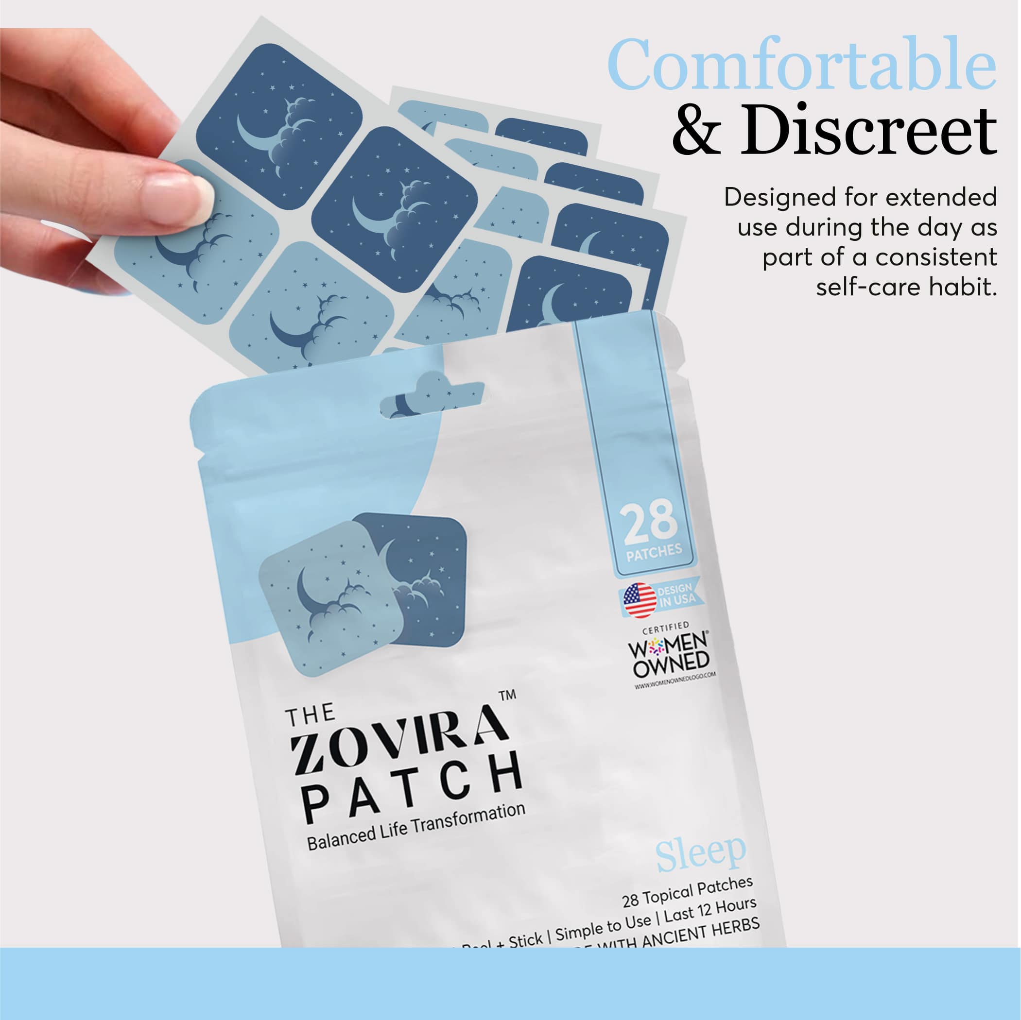 Zovira Sleep Patch with extra blue, 28-pack for balanced life transformation and discreet self-care.