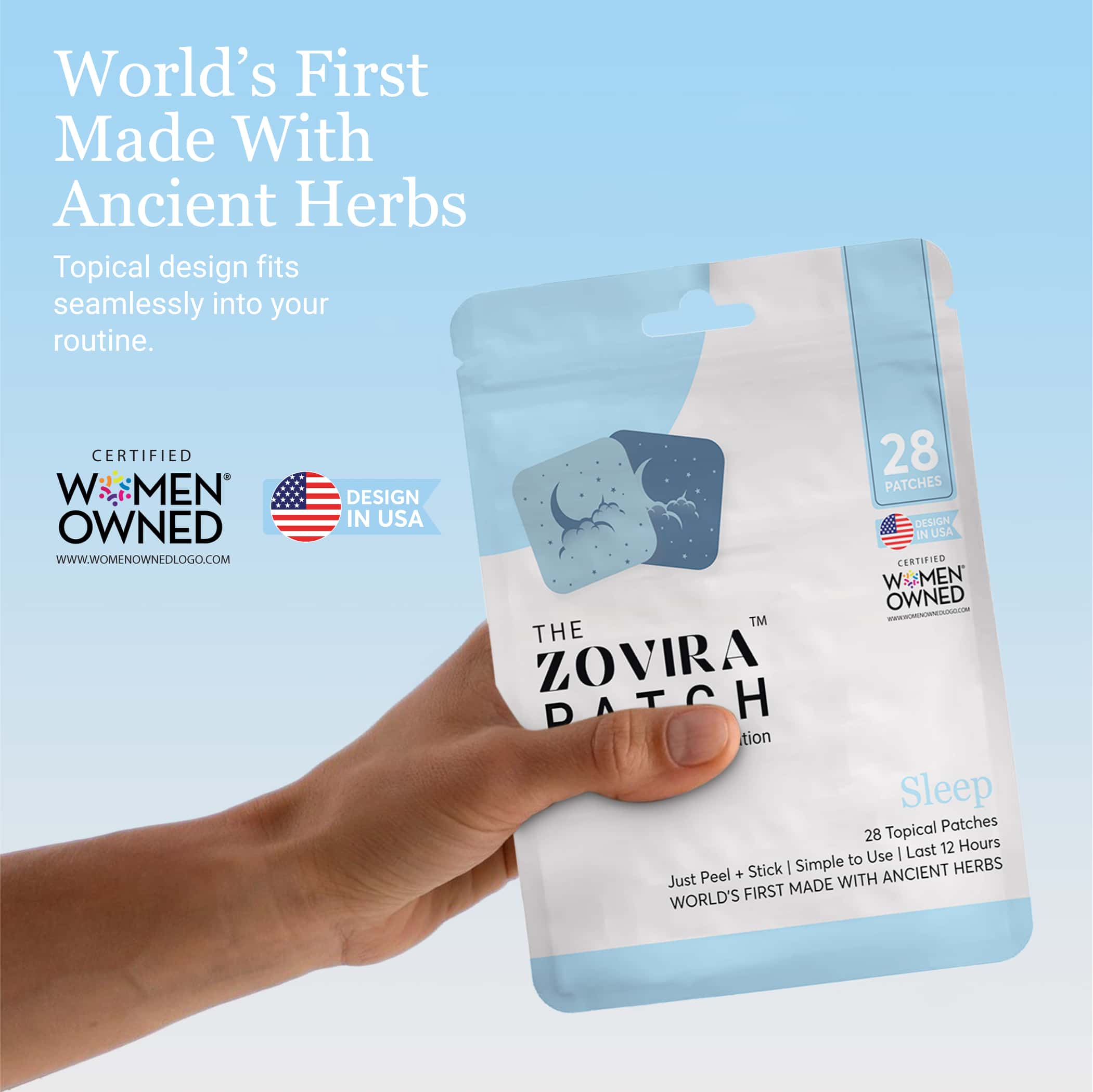 Hand holding Zovira Patch with extra blue, world's first made with ancient herbs, certified women-owned, made in USA.