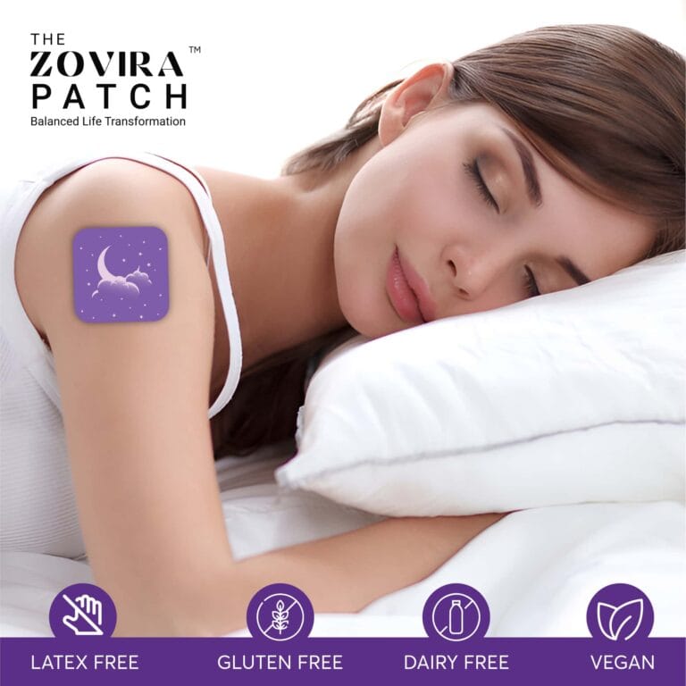 Woman sleeping peacefully wearing a Zovira Patch, featuring benefits like latex-free, gluten-free, dairy-free, vegan.