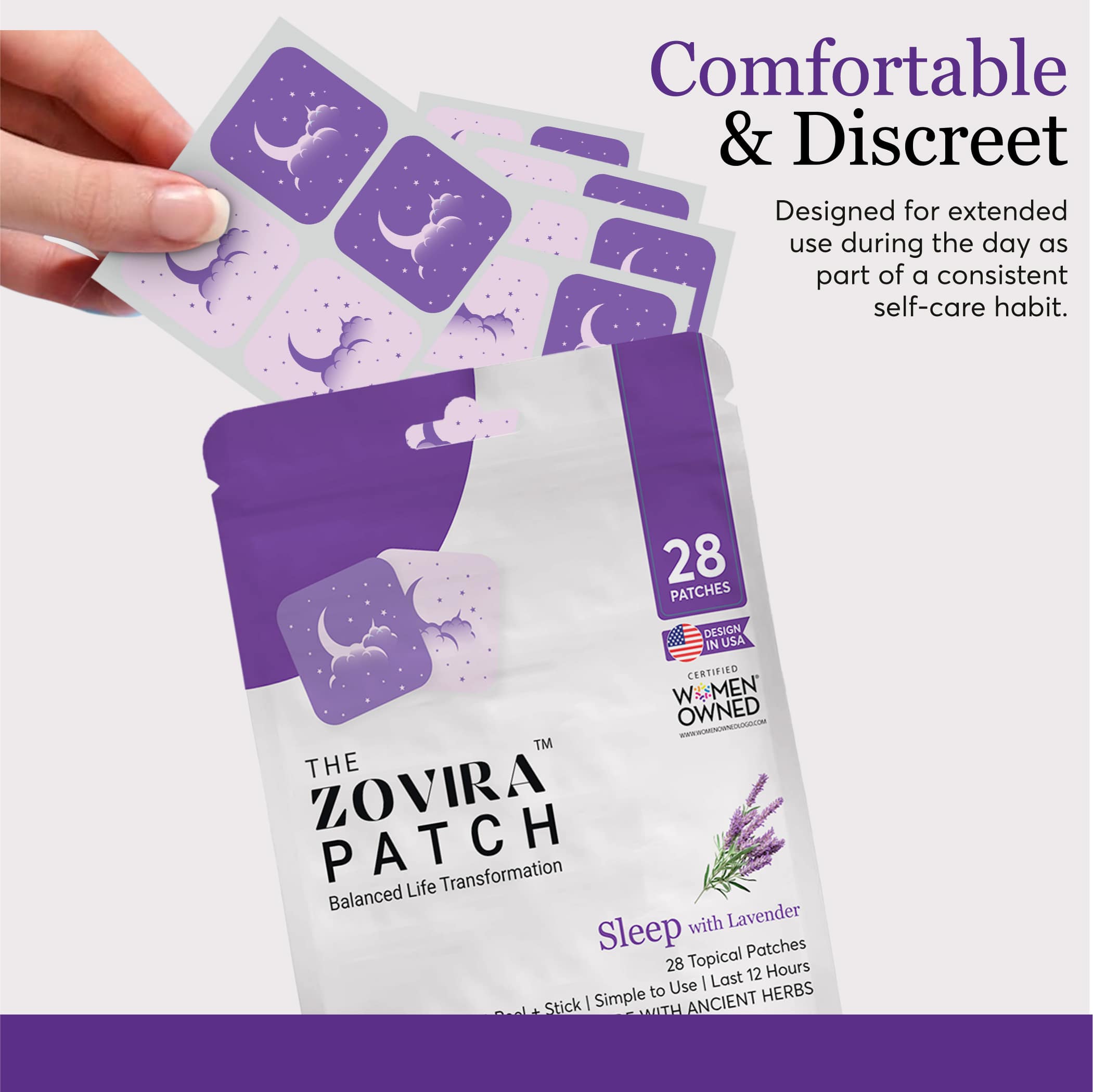 Zovira Sleep Patch with Lavender, 28-pack for balanced life transformation and discreet self-care.
