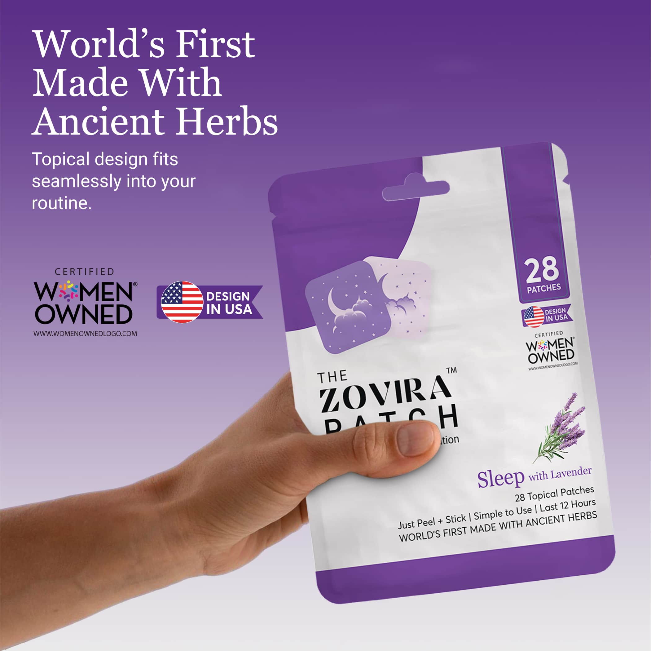 Hand holding Zovira Patch with lavender, world's first made with ancient herbs, certified women-owned, made in USA.