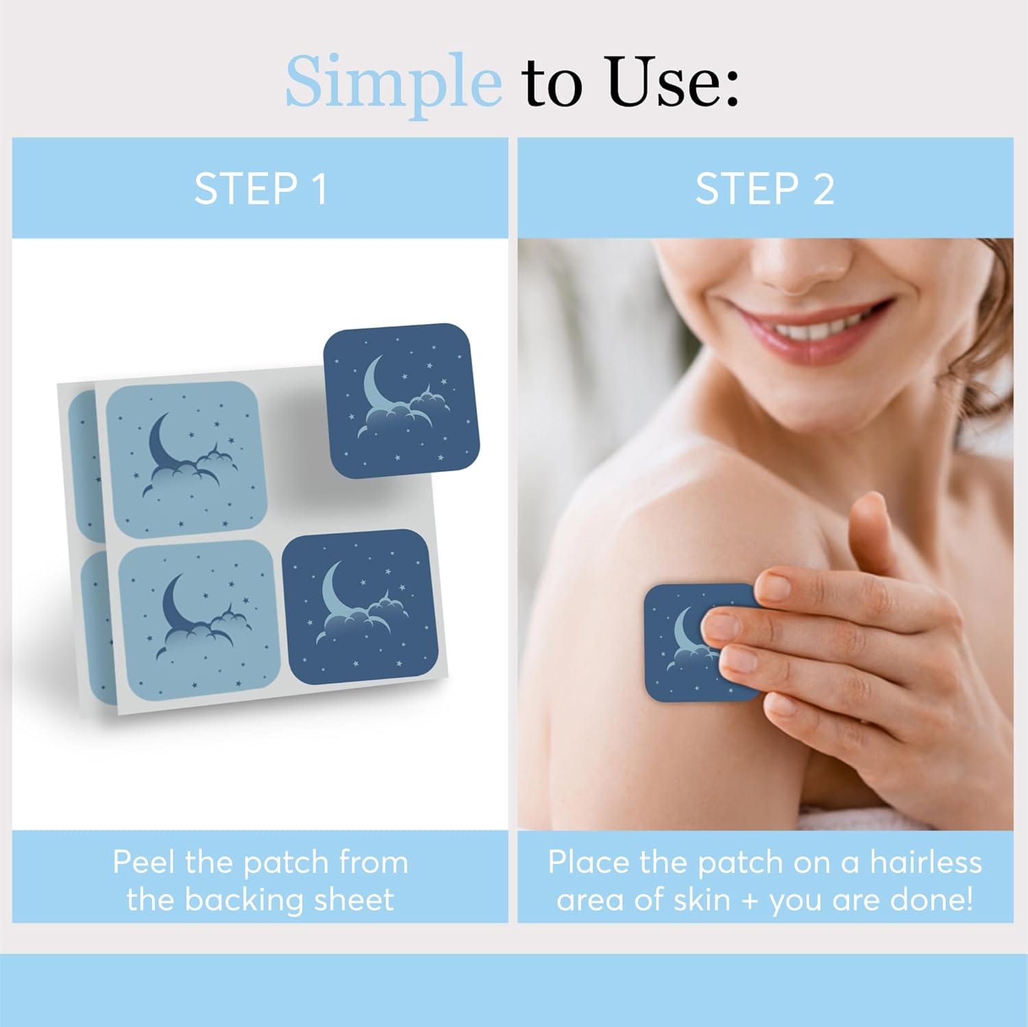 Two-step guide to apply a extra blue sleeping patch on skin effortlessly.