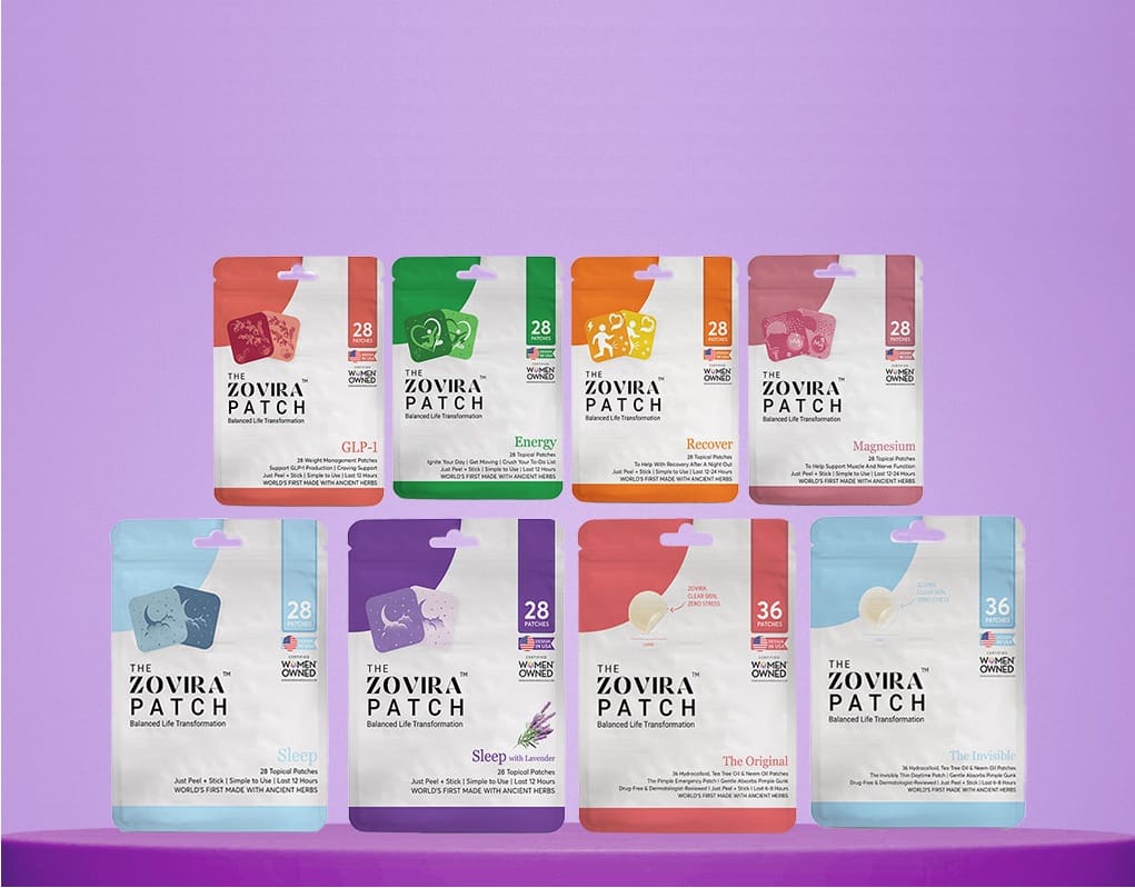 Various Zovira Patch products on a purple background, featuring options like Sleep, Energy, and Magnesium patches.