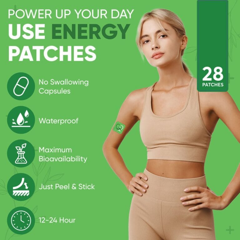Woman wearing energy patch, promoting waterproof, bioavailable, peel and stick energy solution for 12-24 hours.