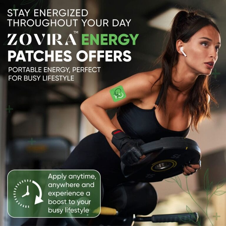 Woman using Zovira Energy Patch while working out, highlighting portable energy solution for active lifestyles.