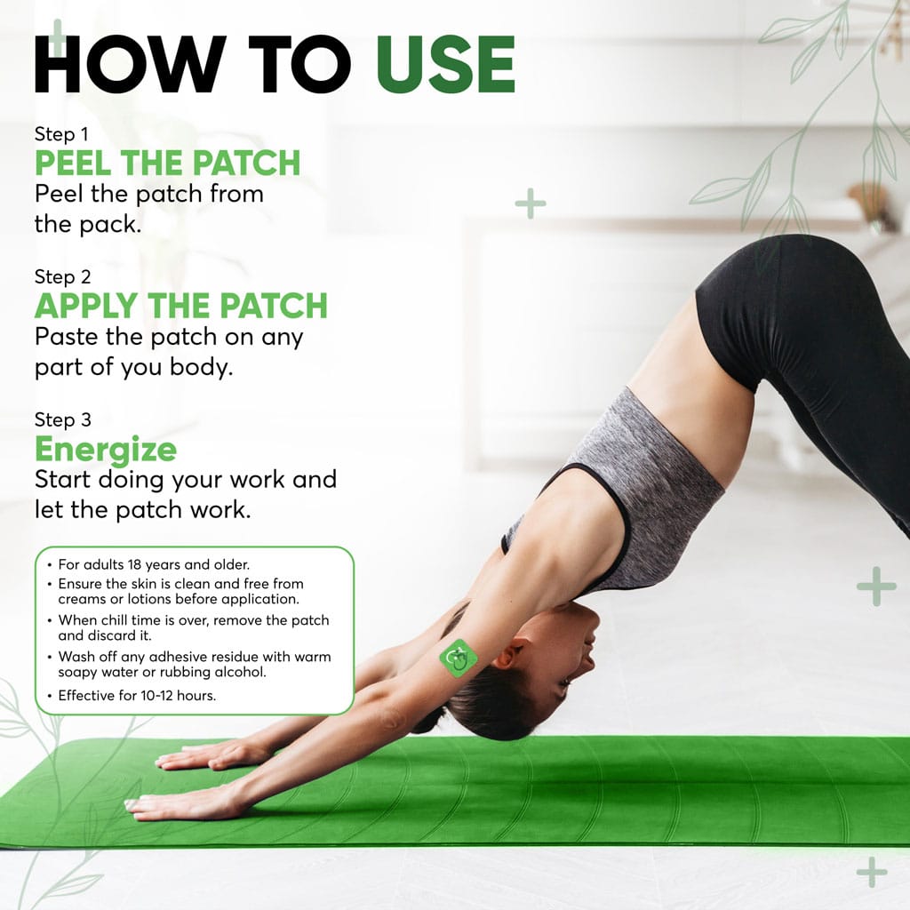 Woman doing yoga with an arm patch; instructions: peel, apply, energize. Effective for 10-12 hours.