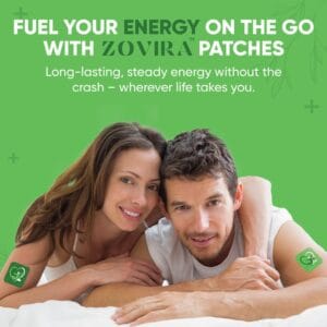 Couple using Zovira energy patches for long-lasting vitality, text: Fuel Your Energy On The Go with Zovira Patches.