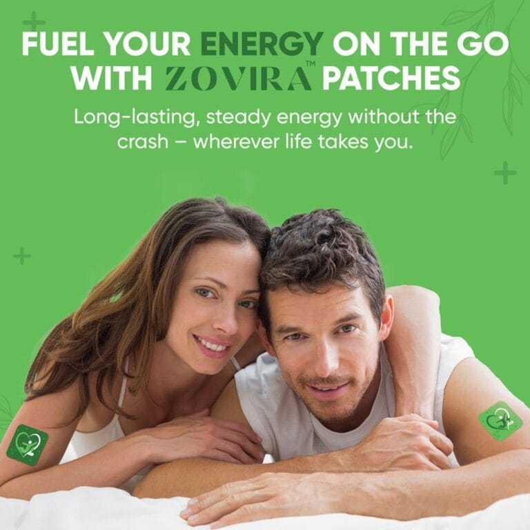 Couple using Zovira energy patches for long-lasting vitality, text: Fuel Your Energy On The Go with Zovira Patches.