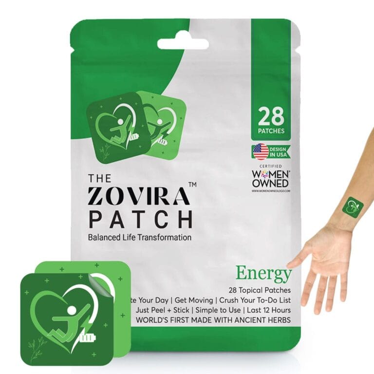 Zovira energy patches package and one patch on a wrist, designed for daily vitality and convenience.