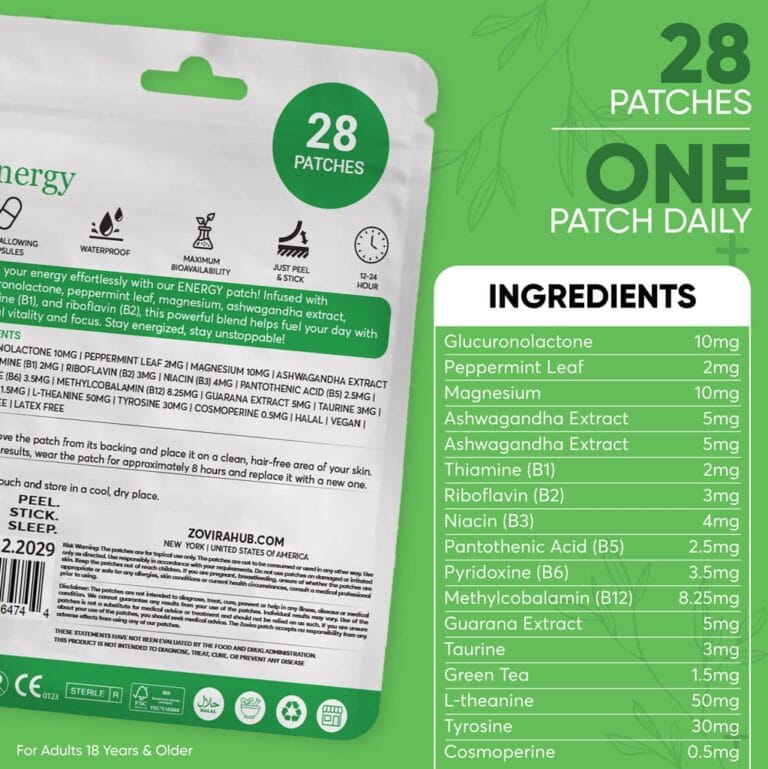 Energy patch packaging with 28 patches, featuring ingredients like magnesium, ashwagandha, and peppermint leaf.