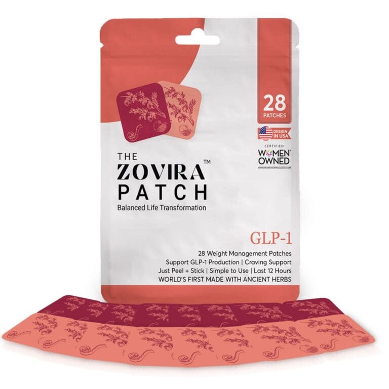 Zovira Patch packaging with 28 weight management patches, supporting GLP-1 production, designed in the USA.