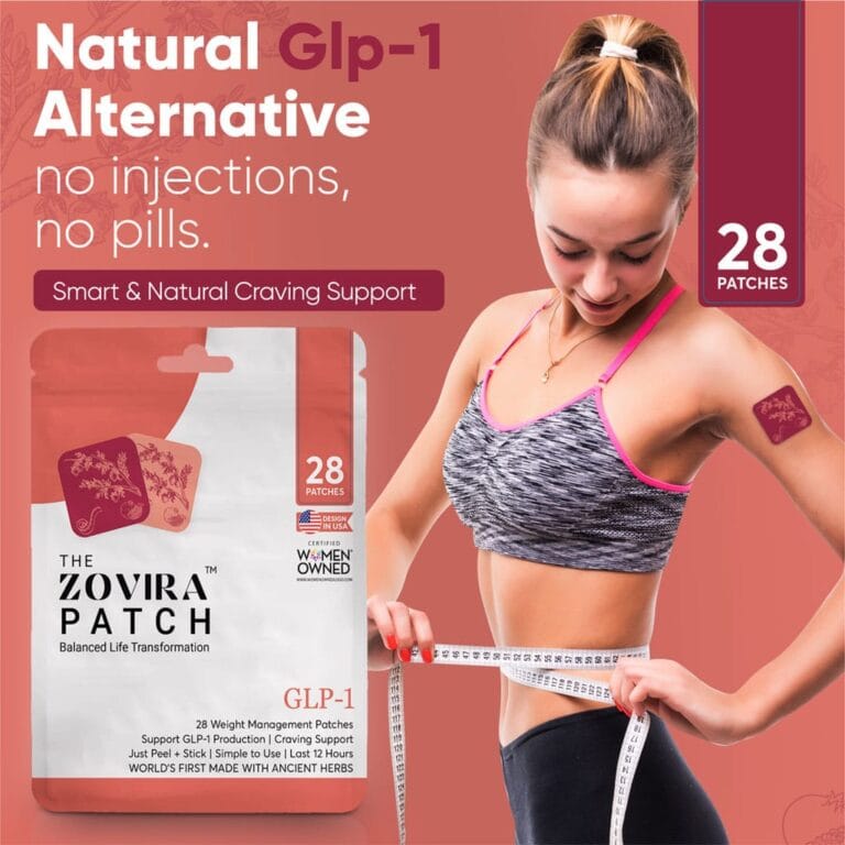 Woman measuring waist with Zovira Patch packaging, promoting natural GLP-1 alternative for weight management.