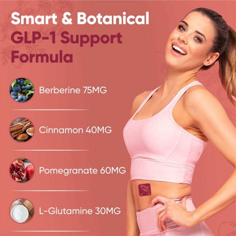 Woman in activewear promoting GLP-1 formula with berberine, cinnamon, pomegranate, and L-glutamine supplements.