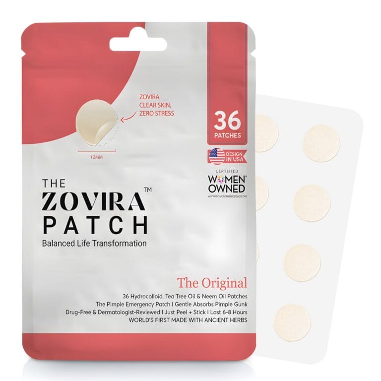 Zovira Original Acne Patch pack showing 36 pimple patches for clear skin, enriched with hydrocolloid, tea tree, and neem oil.