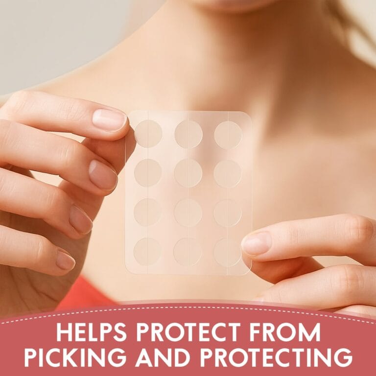 Woman holding clear Zovira Original Acne patches, text: Helps protect from picking and protecting, skincare solution.